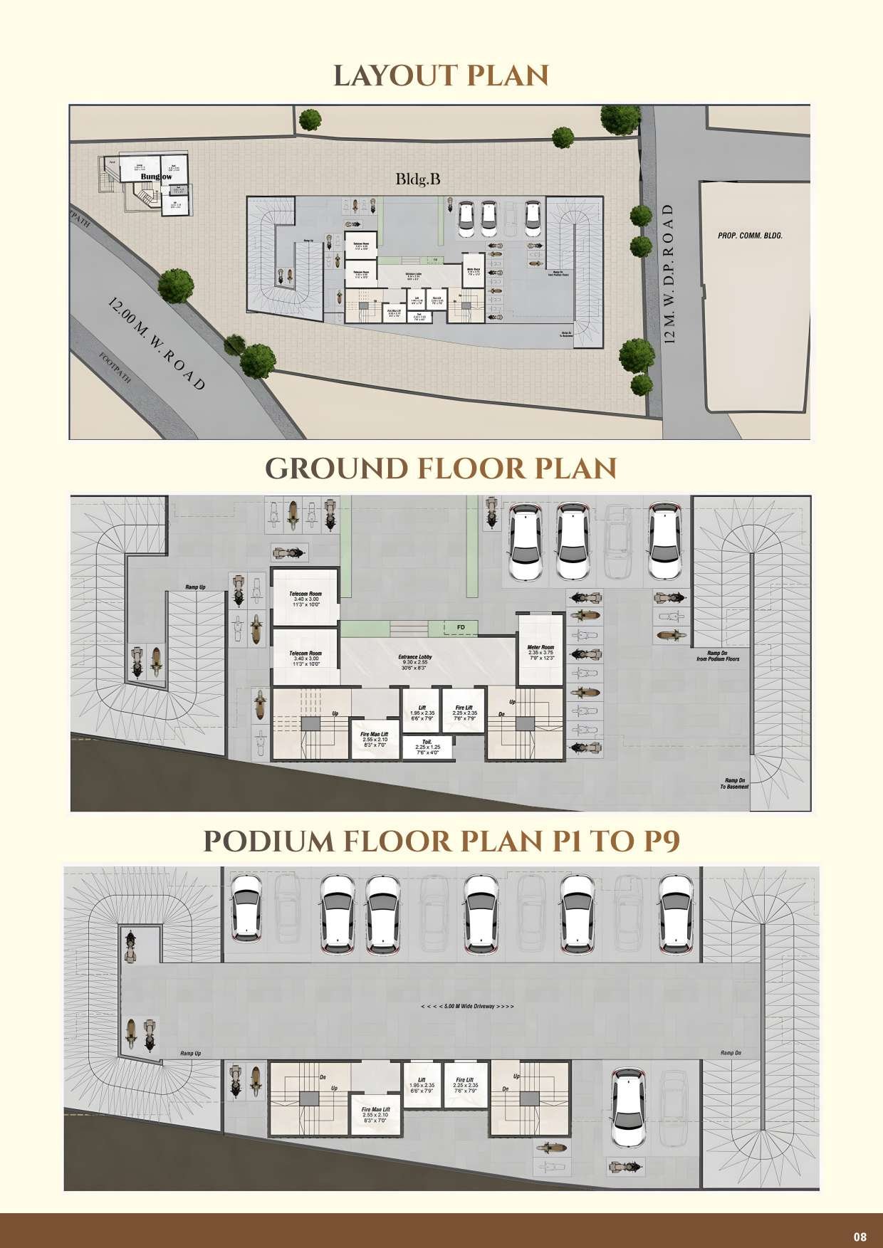 Layout, ground floor and podium plans