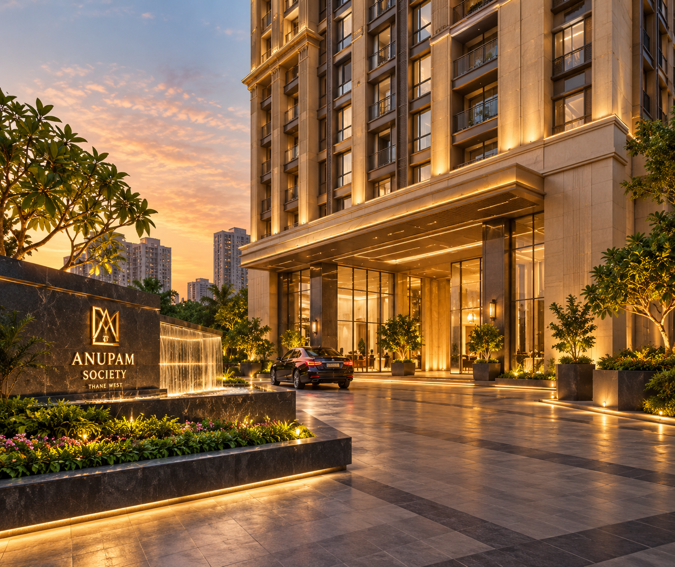 Anupam Society entrance and tower lobby at golden hour
